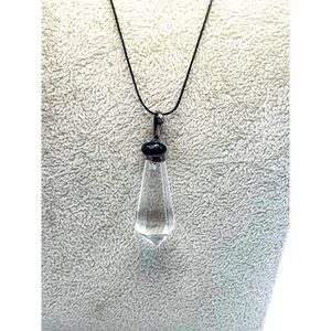 Obsidian Quartz Crystal Pendant Necklace On Black Chain.  A82